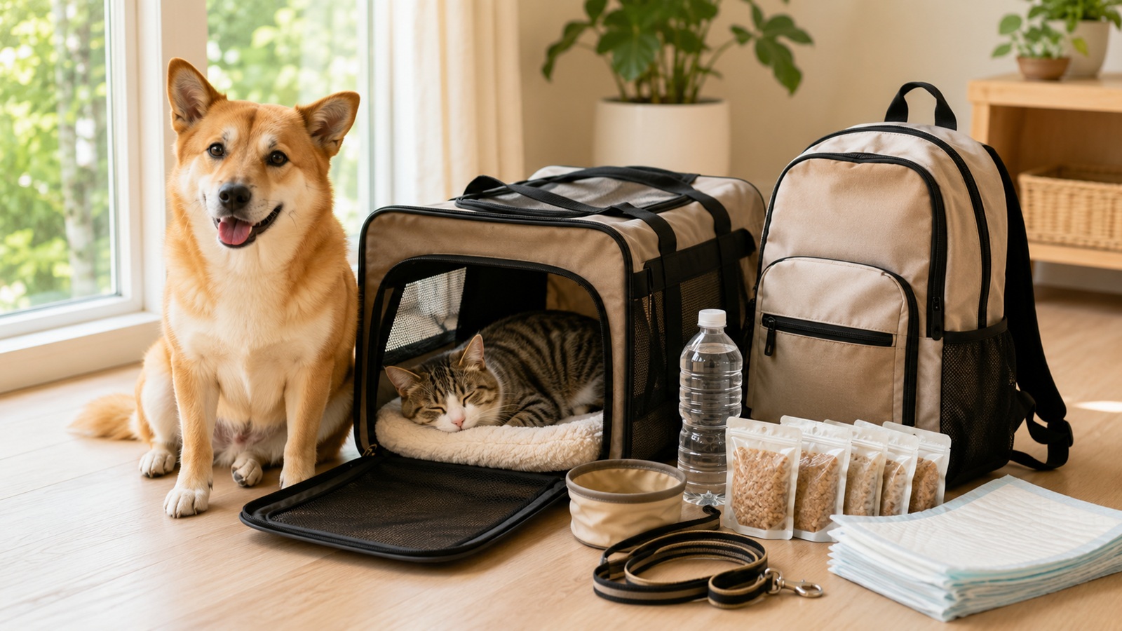 犬と猫がキャリーバッグや防災グッズのそばで安心して過ごすイメージ